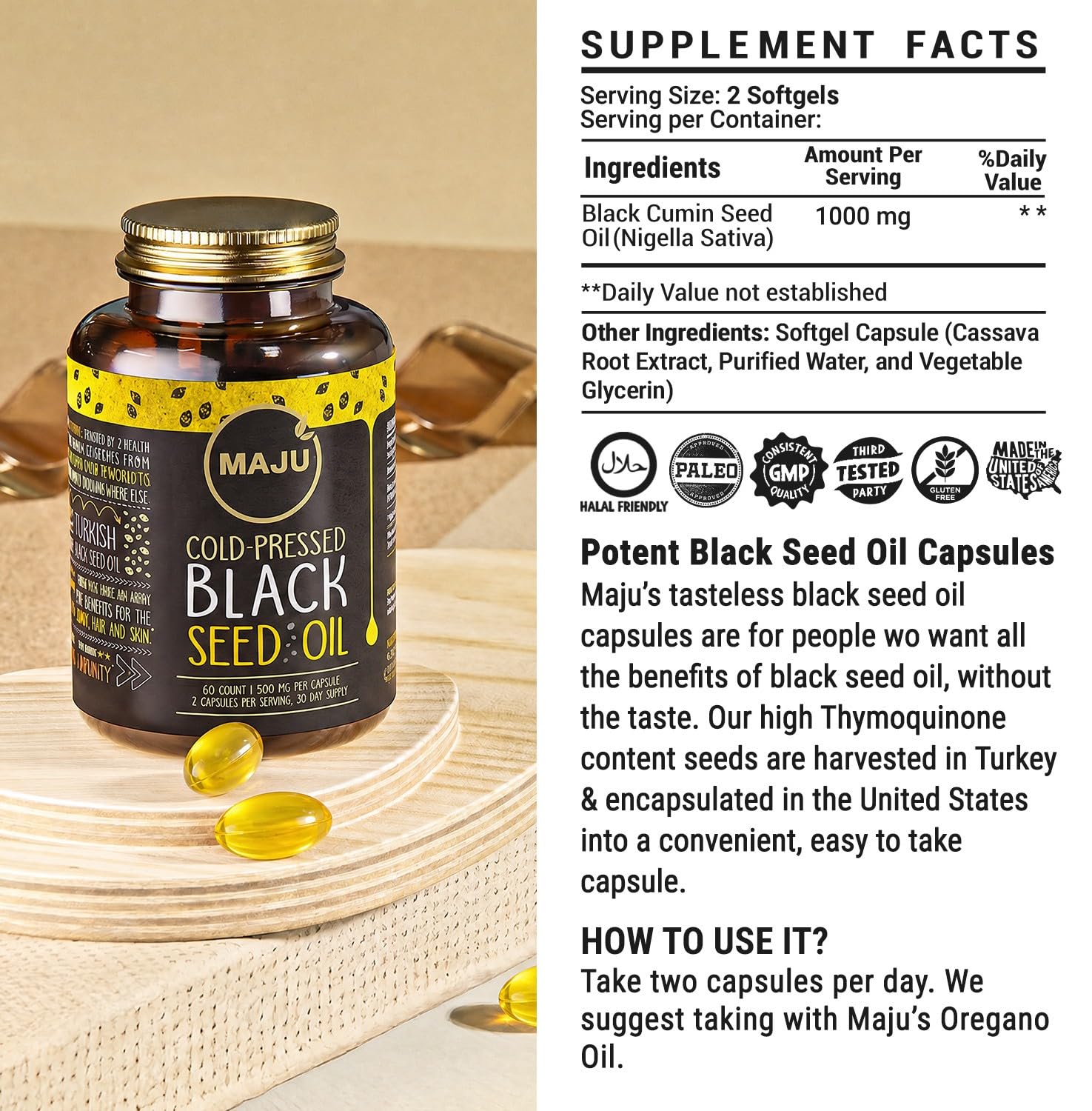 Maju Superfoods Black Seed Oil Capsules - Cold Pressed, 3X Thymoquinone, 100% Turkish Black Cumin Nigella Sativa Seed Oil, Liquid Pure Blackseed 60 Count, 500mg per Capsule — Amazon image 6