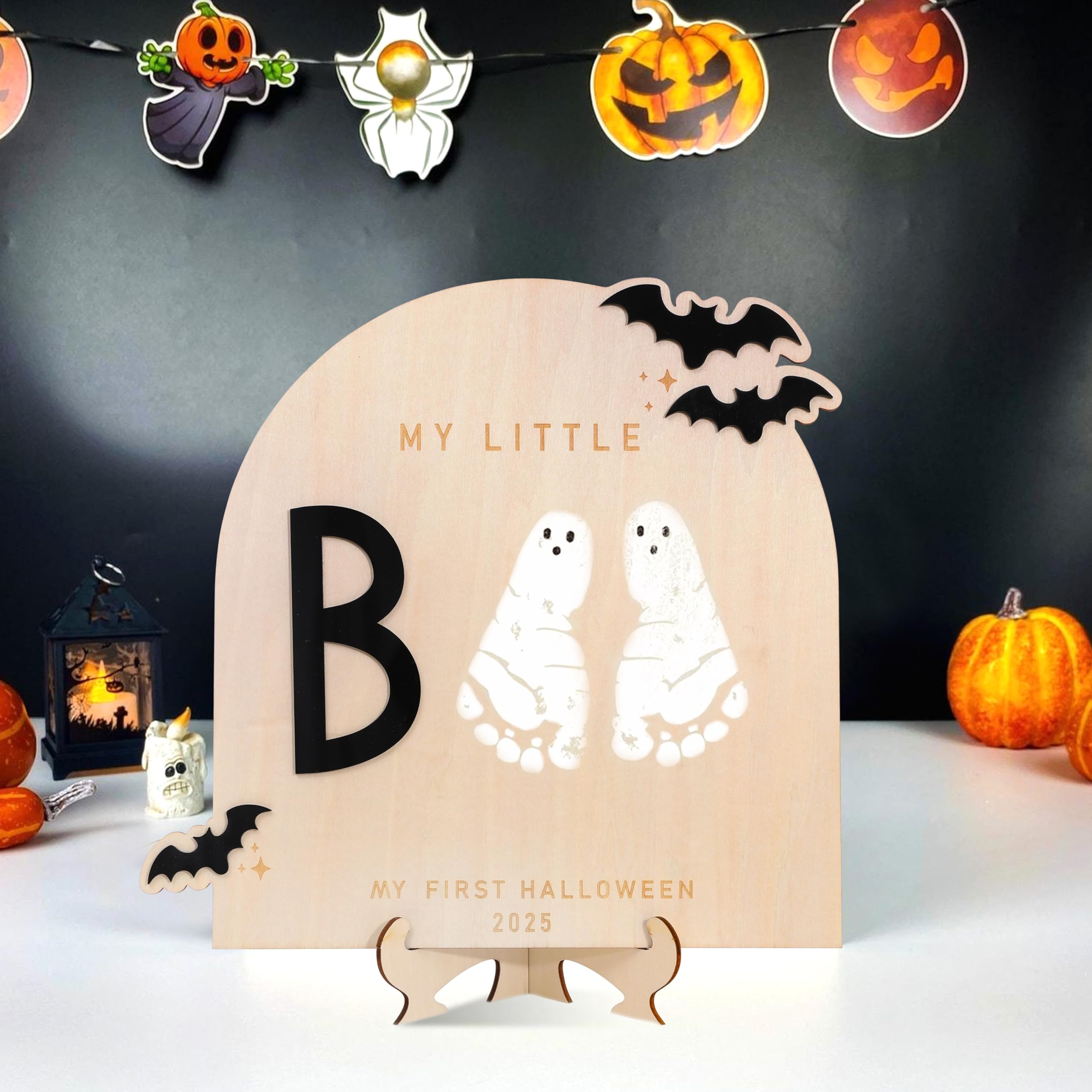 Baby Footprint Craft DIY 'Our Little Boo' Baby First Halloween Footprint Craft Sign - Ghost Theme Keepsake Baby Handprint Halloween Decor