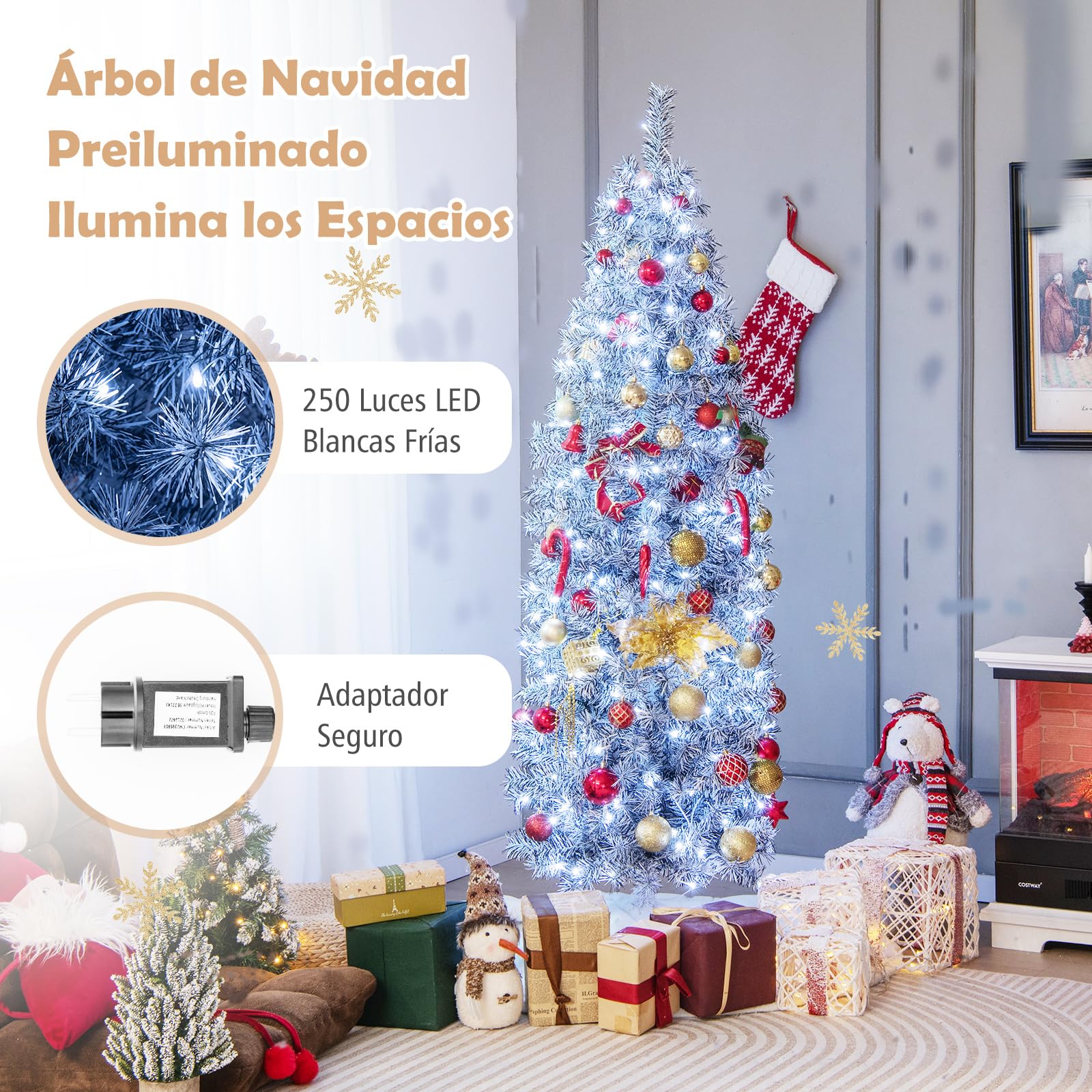 COSTWAY Árbol de Navidad Blanco y Negro 180cm, Arbol de Navidad Slim/Estrecho con Luces Incorporadas, 250 Luces Blancas Frías, 475 Ramas de PVC y Pet, Arvore de Natal Soporte de Metal Casa/Oficina