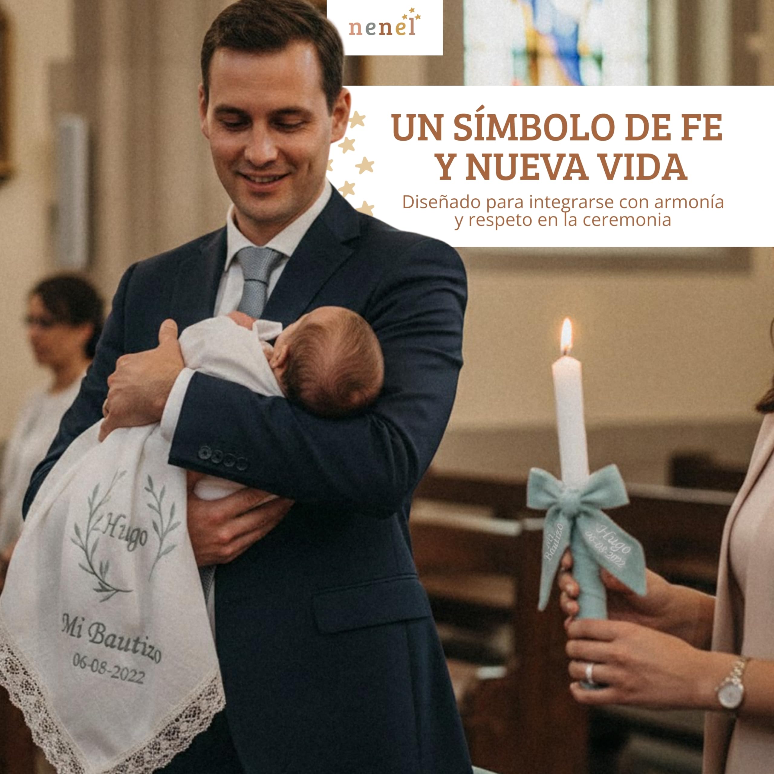 Nenel | Kit de Bautizo Personalizado con Vela y Paño Bordado en Lino Natural – Bambula Verde Menta – Regalo Recuerdo Original Bautismo – Cirio y Toalla Bautismal con Nombre y Fecha