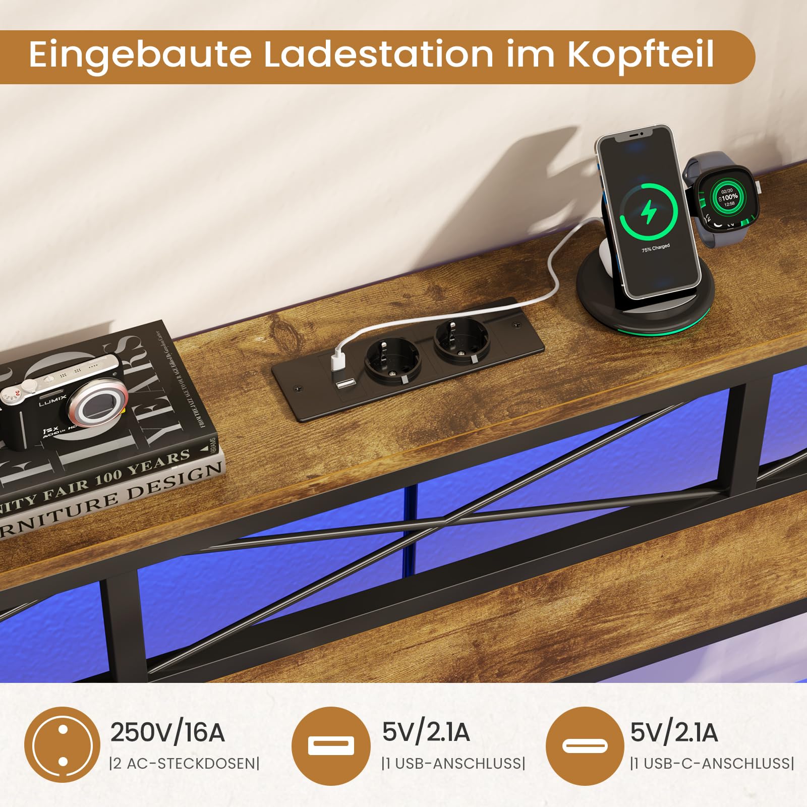 DICTAC Gästebett 90x200 cm mit USB-C & USB-Ladestation + 2 Steckdosen – Platzsparendes Metallbettgestell mit LED-Beleuchtung & Metall-Lattenrost – Einzelbett für Gästezimmer
