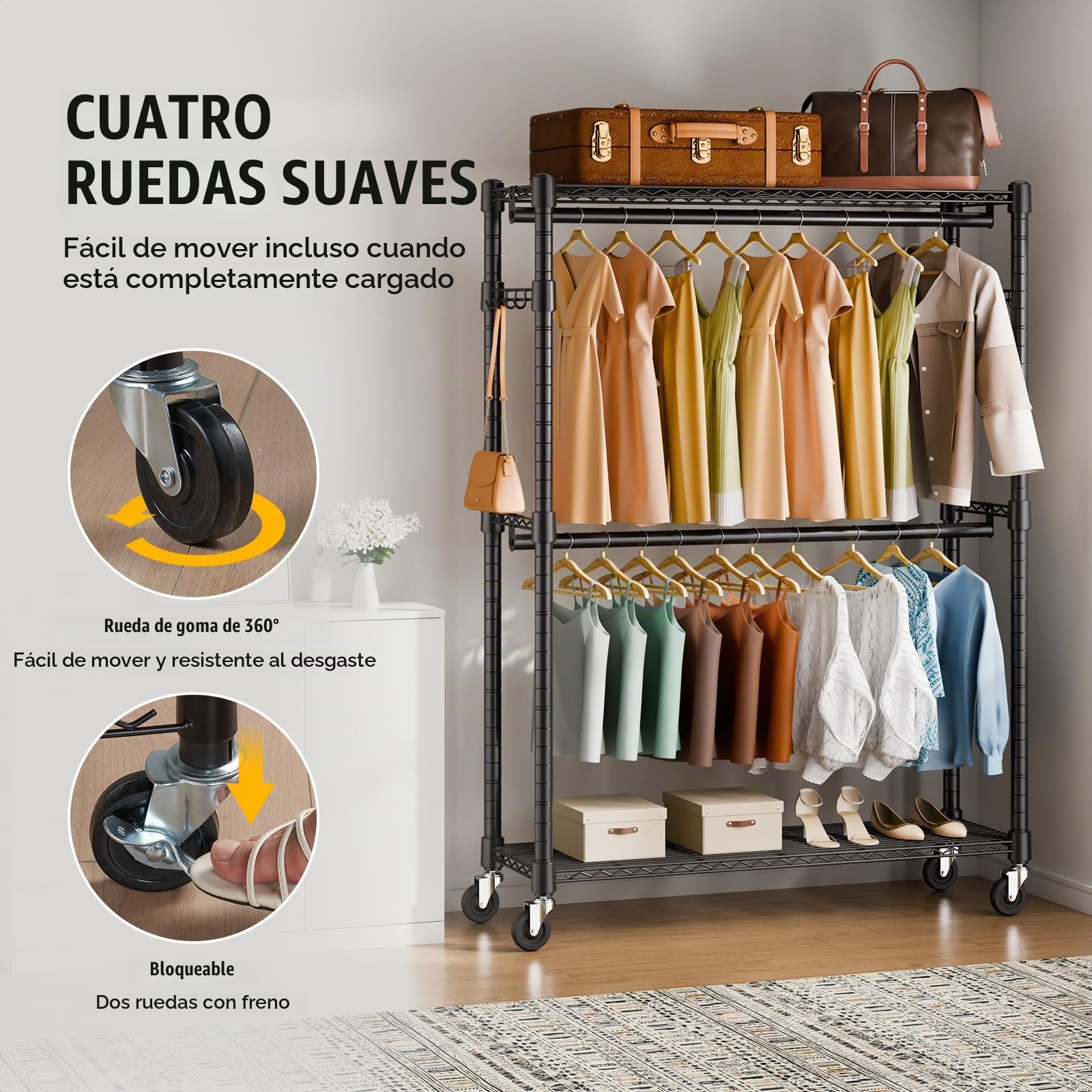 VEVOR Perchero Burro para Ropa con 4 Ruedas de 2 Barras 3 Estantes 2 Soportes Laterales Perchero de Acero Carga de 182 kg Perchero de Pie 1162 x 450 x 2040 mm para Almacenaje de Ropas en Dormitorios