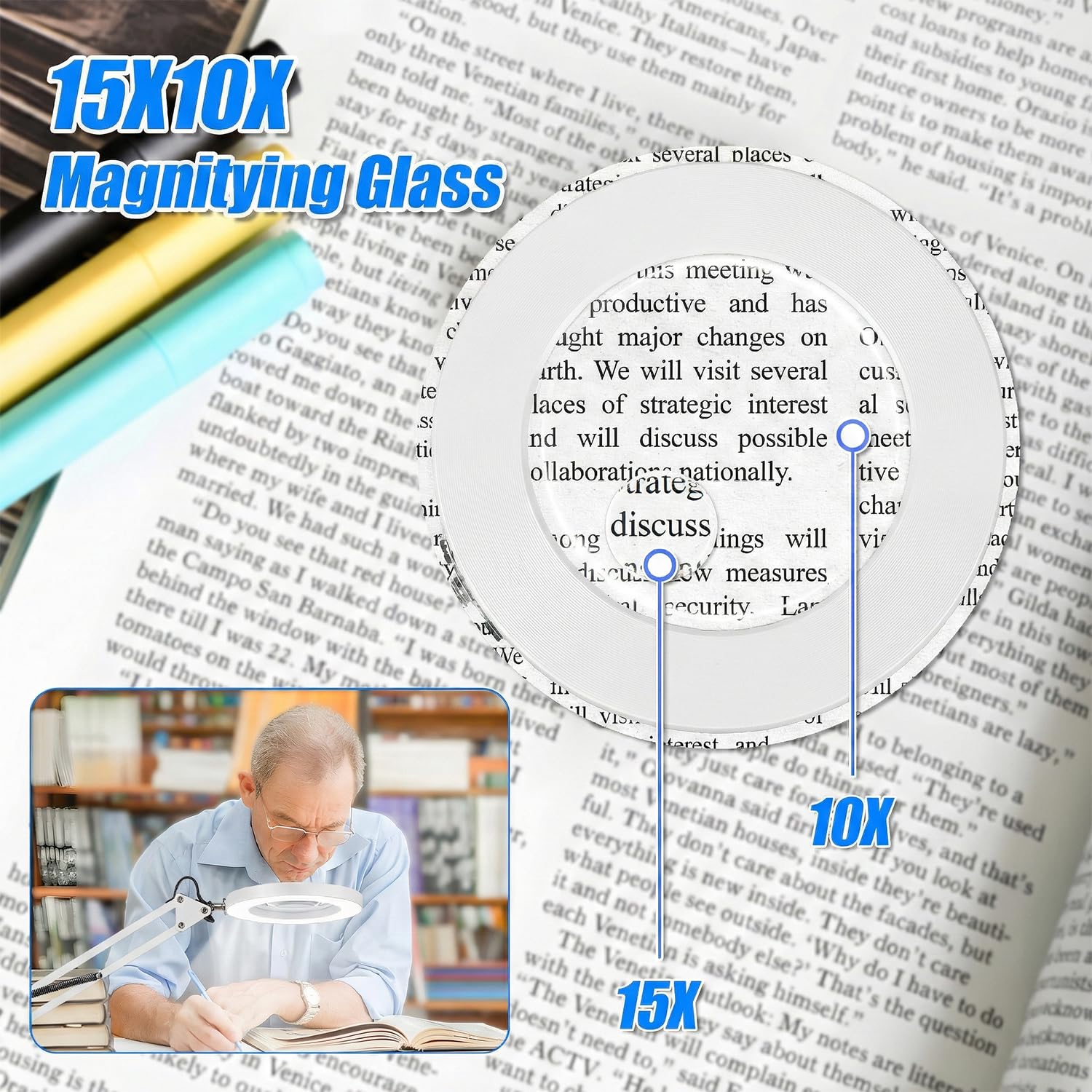 Loupe 15x 10x avec lumière et support, lampe de bureau grossissante 2 en 1 avec pince et base, 3 modes de couleur à intensité variable avec bras oscillant, lumière loupe lumineuse LED pour lecture