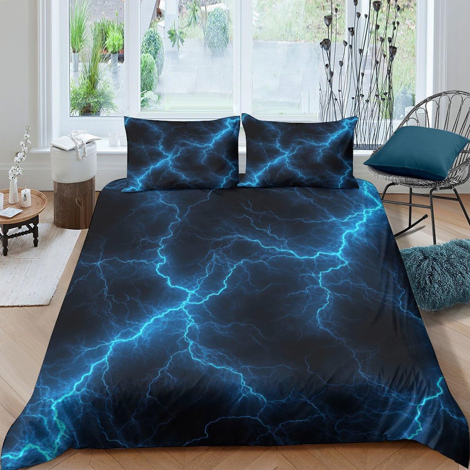 Ctjqhvkz Style-3 3D Printed Electric Lightning Fitted Sheet Microfiber Black Blue Thunder Mattress Cover For Bedroom Guest Room Protection Decor Single（135X200cm）
