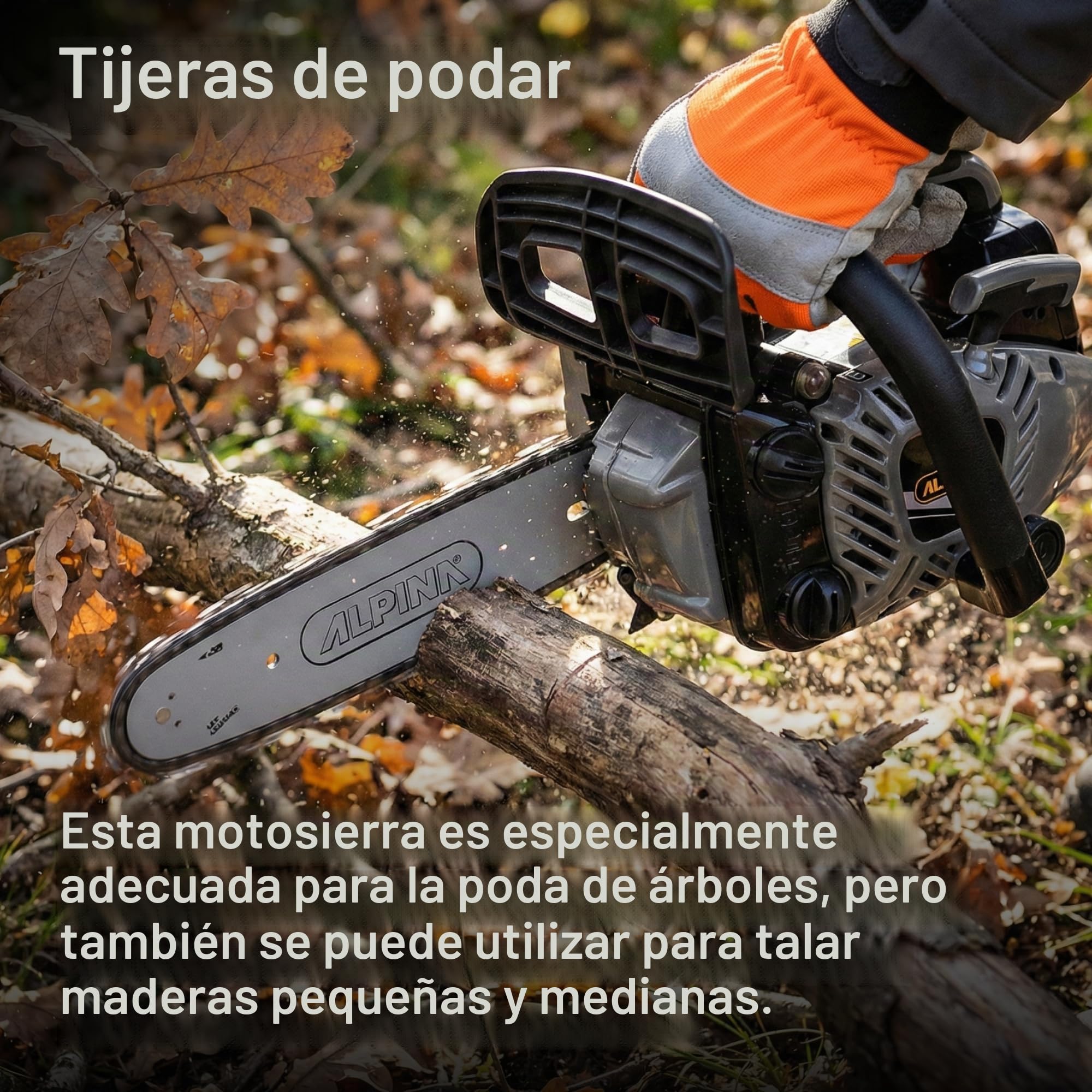Alpina Motosierra de poda APR 25 (10)'', Para la corte de madera, Barra de corte 25 cm (10''), Motor de gasolina 25.4 cc, 900 W, Velocidad de la cadena 21 m/s, Bomba de aceite regulable