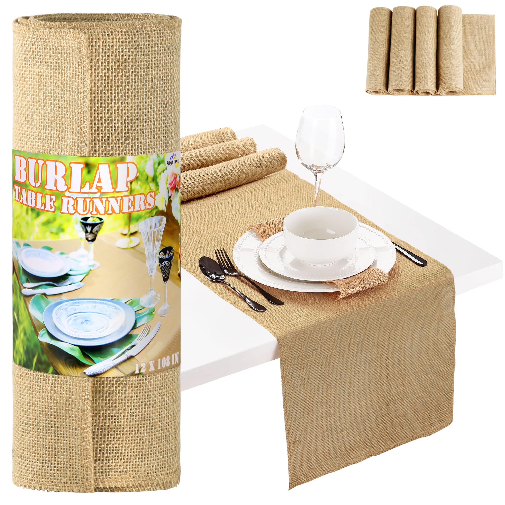 12 Pack Burlap Table Runners, 12 x 108 Inch Natural Jute Table Runner, Rustic Burlap Table Runner for Table Decor, Wedding Decorations, Farmhouse Style Party, Dinner, DIY Crafts