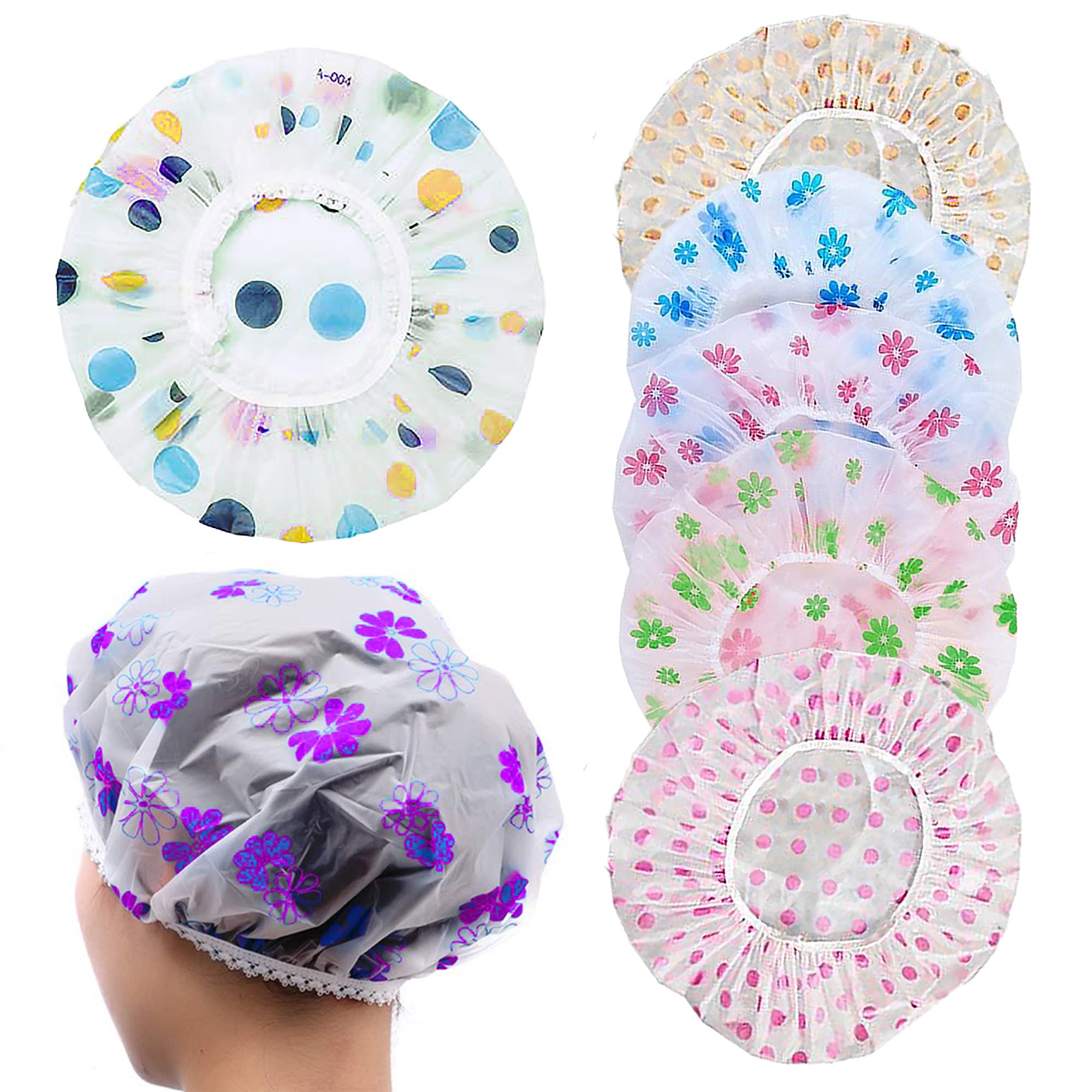 (PACK OF 5) shower caps, reusable. waterproof for bathing, shower, assorted colors, elastic and flexible for multi-purpose use.