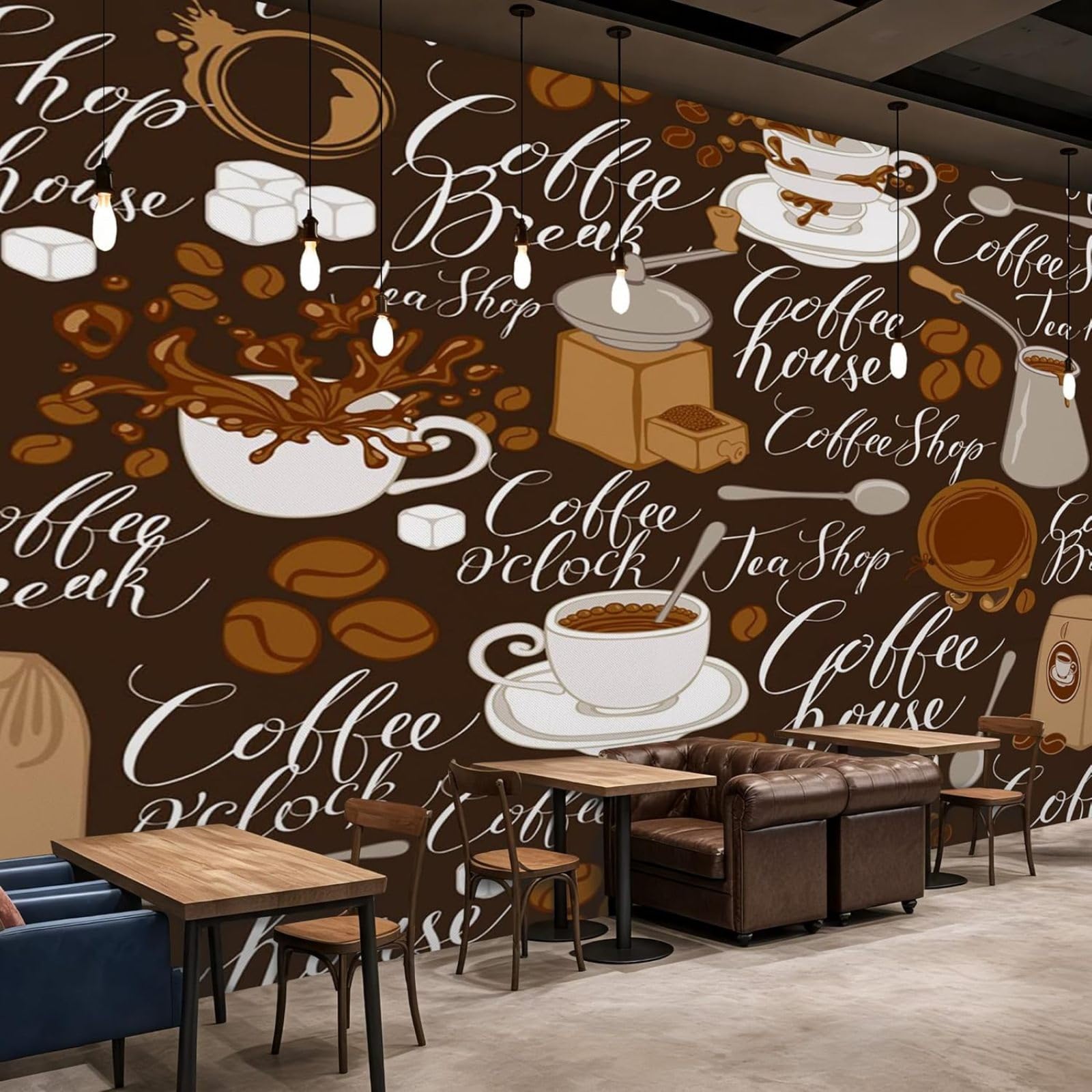 Carta da parati con motivo a tazza di caffè e chicchi di caffè, marrone e bianco, moderna, per soggiorno, camera da letto, bar, cucina, decorazione murale, 400 cm x 280 cm