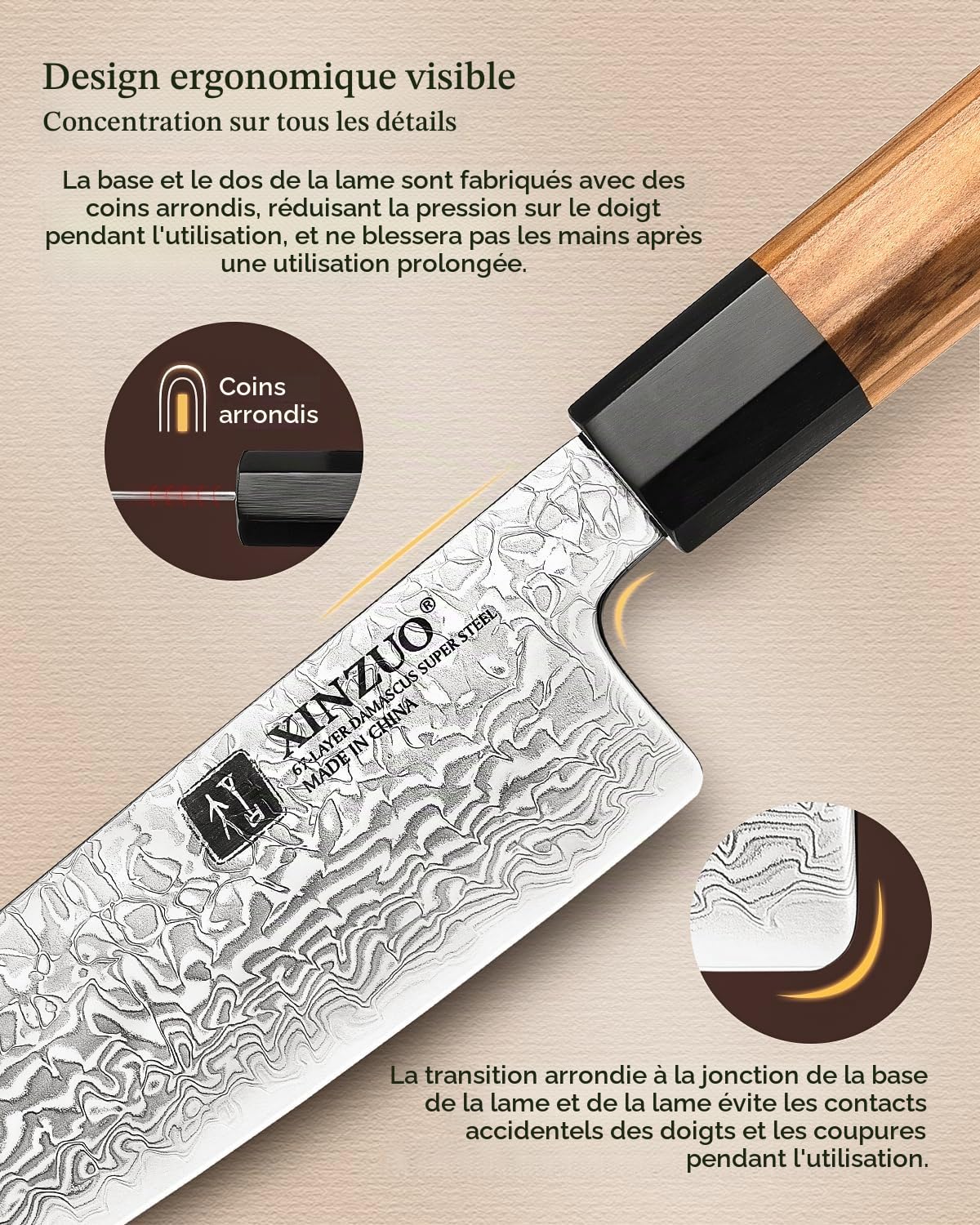 XINZUO 18,5cm Couteau Santoku, 67 Couches en Acier Damas Couteau de Cuisine Multifonctions Couteau de Chef Professionnel Couteau Damas -Poignée Octogonal en Bois d'Olivier Fabriqué à la Main, XZ-PM8