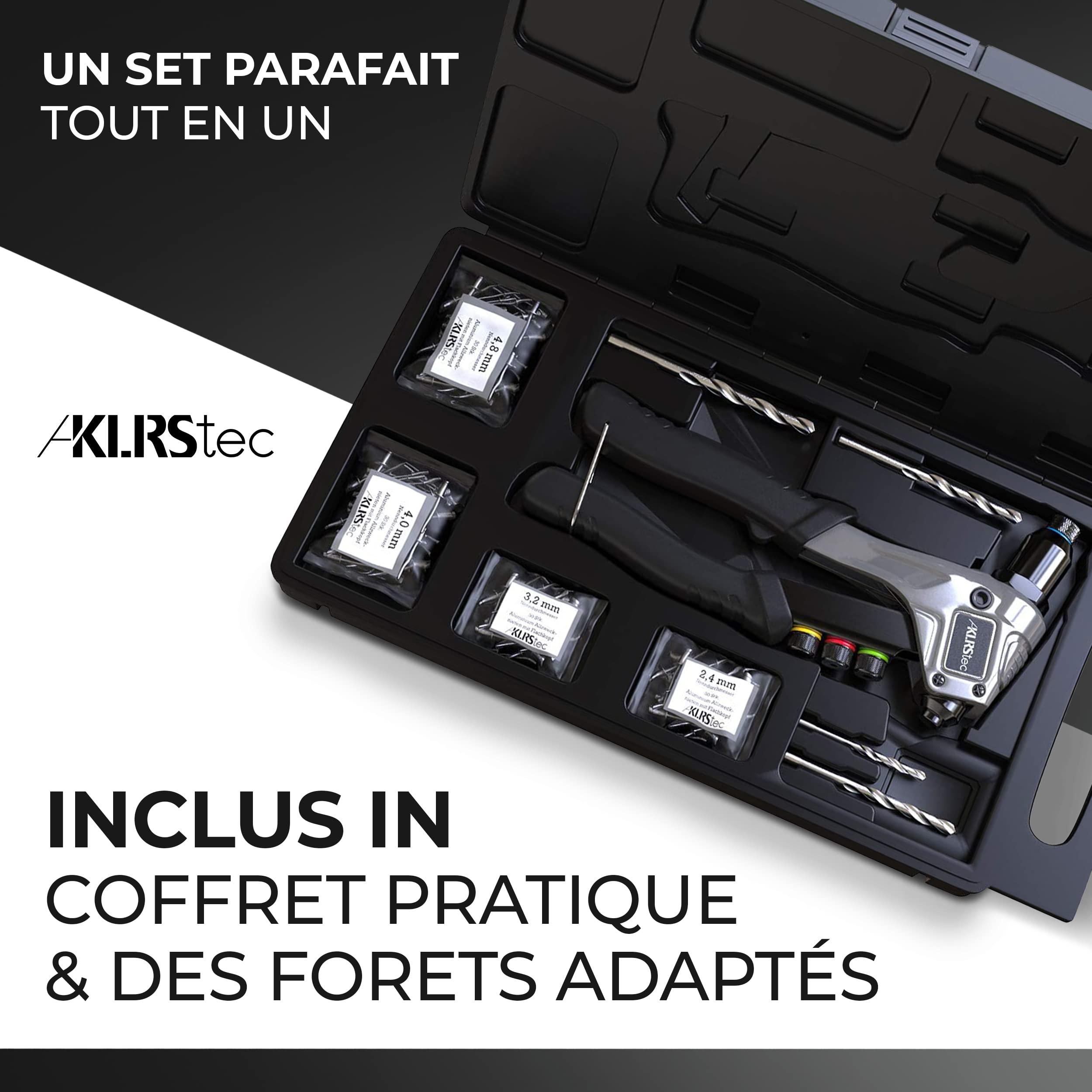 KLRStec® Kit professionnel de pinces à rivets, incluant 120 rivets et 4 perceuses de type HSS - Pince à rivets pop de haute qualité pour la pose de rivets aveugles
