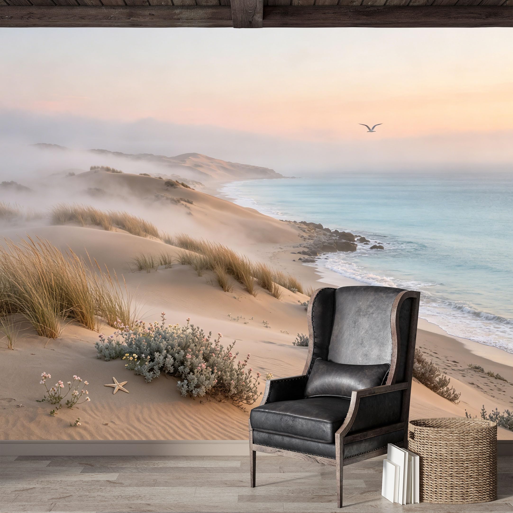 Custom Size Wall Mural,Misty Coastal Seascape Sunrise Marine Premium Water Activated SelfAdhesive Wallpaper,Removable Wall Covering,Easy DIY Install Wall Art for Indoor Home Decor