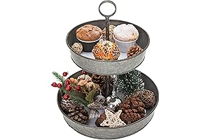 FLORA Farmhouse 2 Tiered Galvanized Serving Tray Stand with Carry Handle