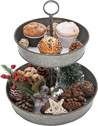 Miniatura 8 de FLORA Farmhouse - Bandeja galvanizada de 2 niveles con asa de transporte, bandeja de exhibición de metal rústico para cupcakes, postres y frutas,