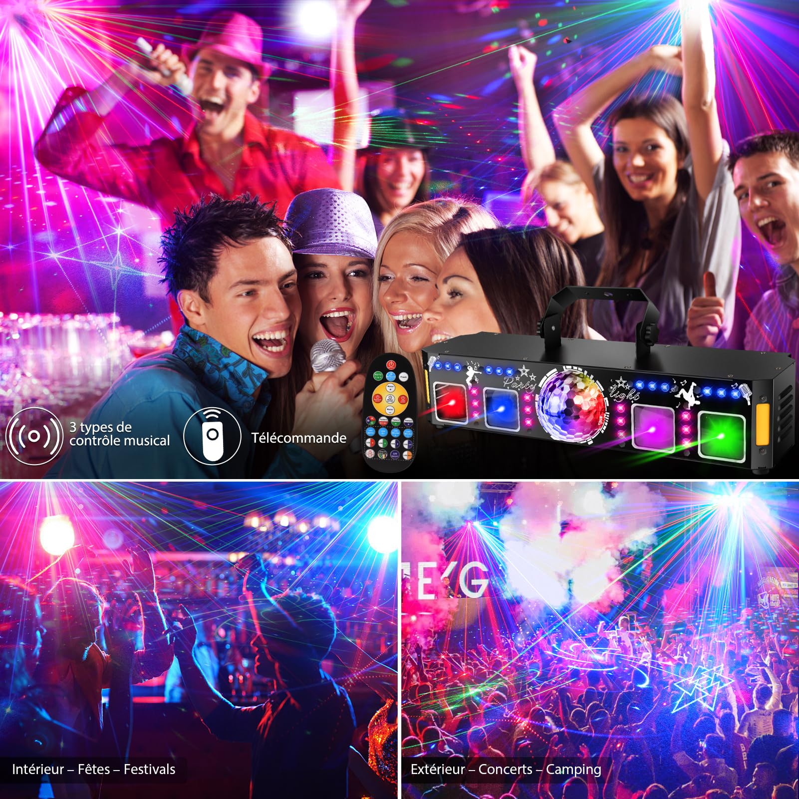 Fwiull 6-en-1 Jeux de Lumière Soiree Professionnel avec Télécommande, Effets RGB UV avec Stroboscope Doré, Contrôle DMX et Sonore, Lampe de Scène pour Fête, DJ, Club, Halloween, Noël