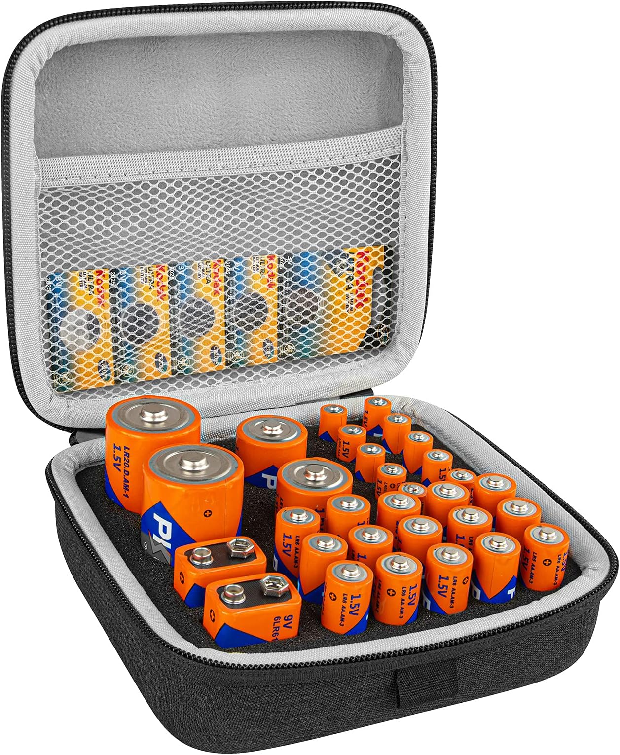 Linkidea Small Hard Case Battery Organizer Storage Box, Batteries Carrying Holder Container - Holds 34 Various Sizes AA AAA 9V C D Batteries (Dark Grey)