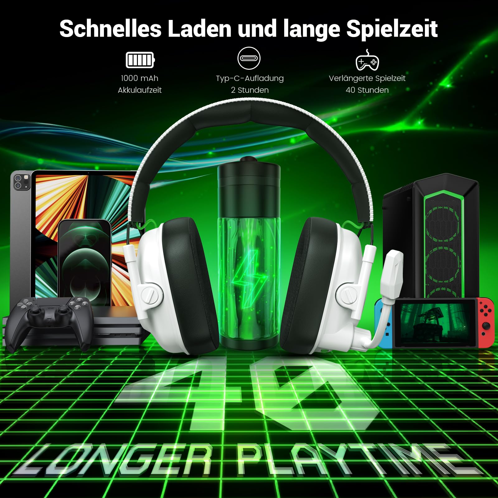 Krysenix KGH2 Gaming Headset Wireless für PS4, PS5, PC, Mac, Switch, 2.4GHz Faltbares Kabelloses Headset mit Mikrofon&LED, 40H Akkulaufzeit, Reines Weiß