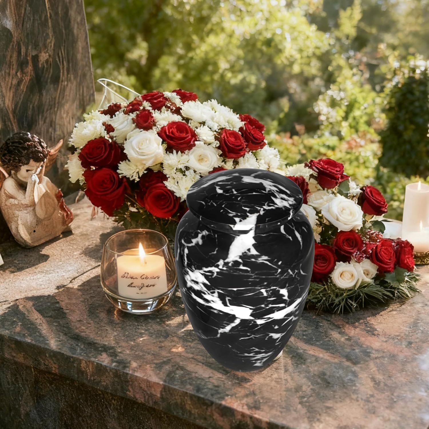 Urns for Ashes for Adults Male/Women, Funeral Urns for Ashes, Memorial Urn, Erns, Large Metal Black and White Marbel Finsih Urn