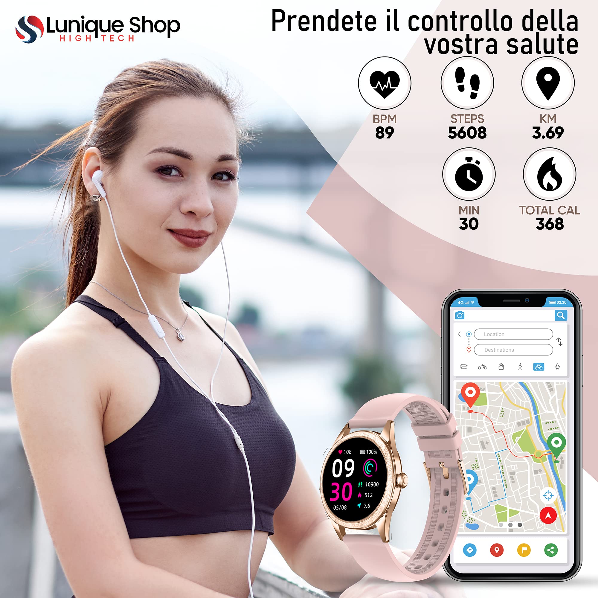 Smart Watch Donna Intelligente Brillante LSLUXE Rotondo | Orologio Fitness Tracker con GPS | Contapassi | Cardiofrequenzimetro | Saturimetro (SpO2) | Sonno Smart Band per Android iOS (Oro)