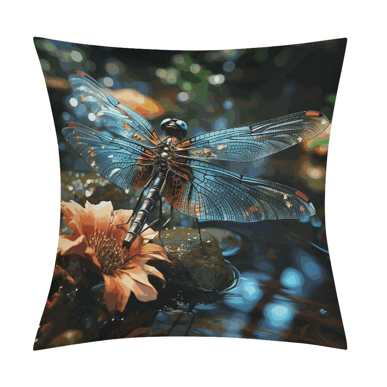 Fodpand Style Dragonfly Flying On The Pond Pillow Covers 18X18 Inch, Pillow Cases Boho Farmhouse, Throw Pillow Covers For Couch Sofa Bed Spring Home Decor