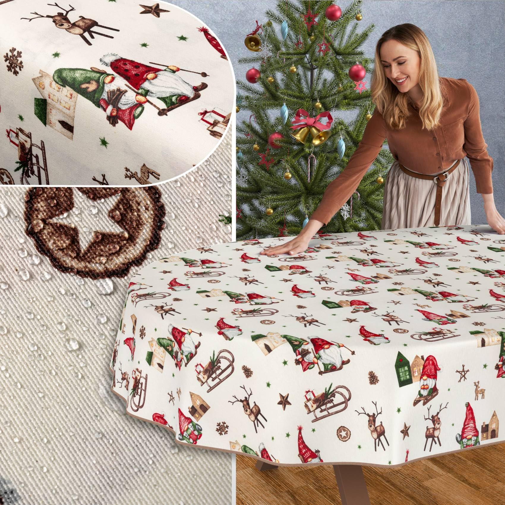ANRO Tischdecke abwaschbar Weihnachtszwerg mit Saum oval 200x140 cm
