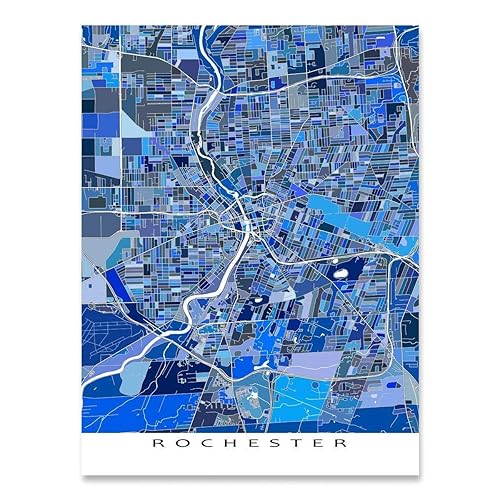 Rochester Map Art Print 8x10, Rochester NY Poster 24x36, Handmade Blue Geometric