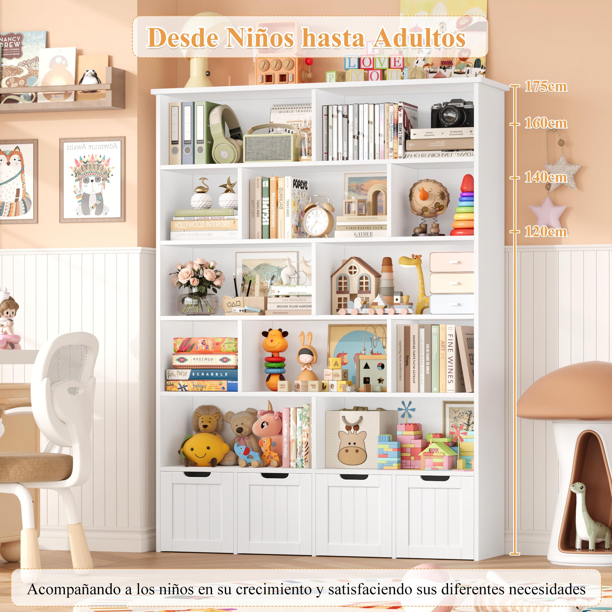 FOREHILL Mueble Organizador Juguetes, Mueble Almacenaje Juguetes, Estanteria Montessori, Organizador de Juguetes Estanteria Infantil, 4 Cajones con Ruedas, 12 Compartimentos, Blanco 125.5x33x175 cm
