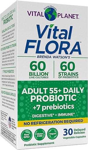 Vital Planet - Vital Flora Adulto 55+ Probiótico estable diario de 60 mil millones de probióticos de apoyo digestivo para mujeres y hombres con