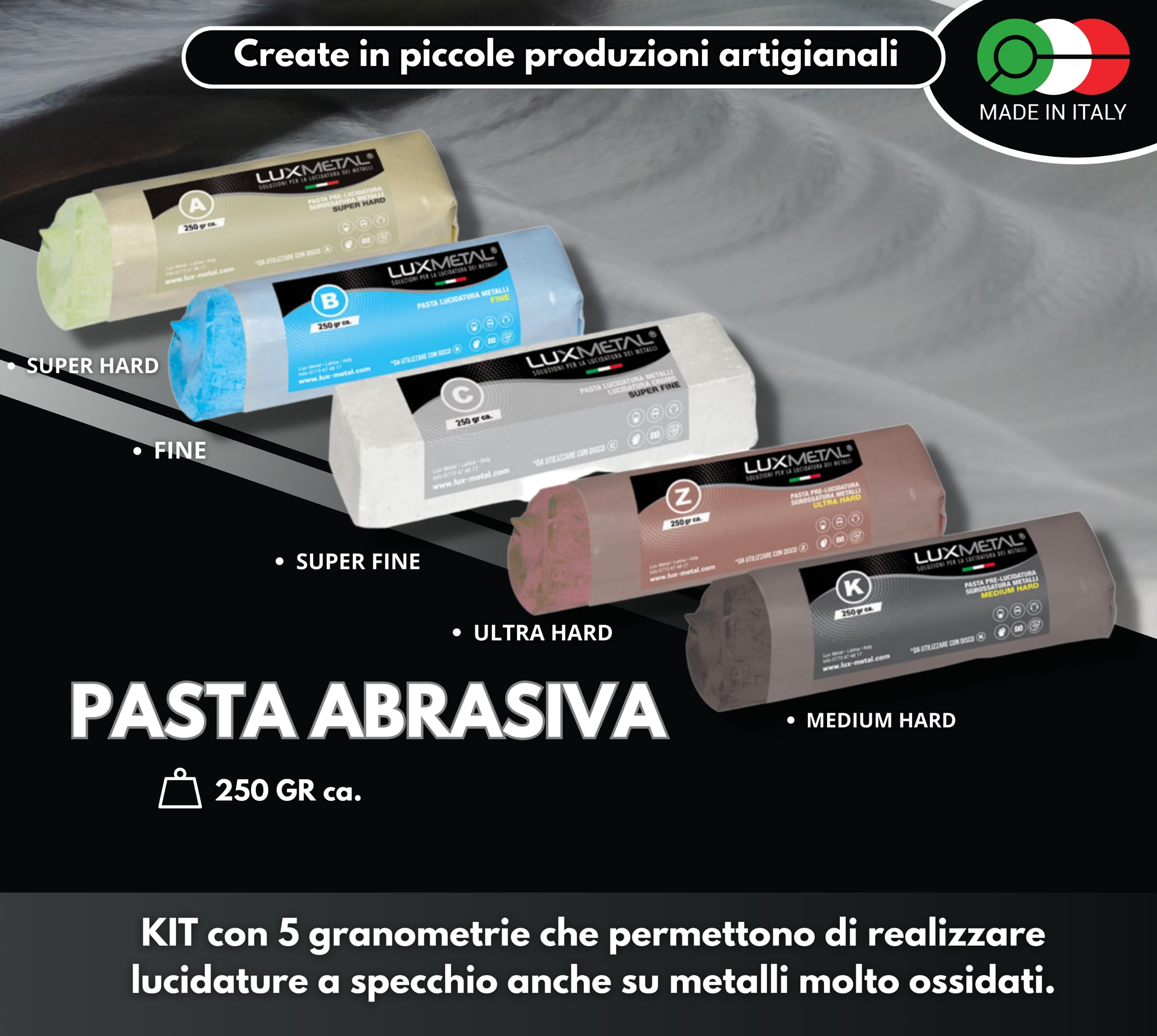 Lux Metal Kit Lucidatura 5 Pasta Abrasiva Lucidante 250 gr e 5 Disco Lucidatura 100 mm in Cotone Trapano Mola Dischi Per Lucidare Acciaio Inox Metalli Alluminio Set Lucida Ottone Cromature feltro Rame