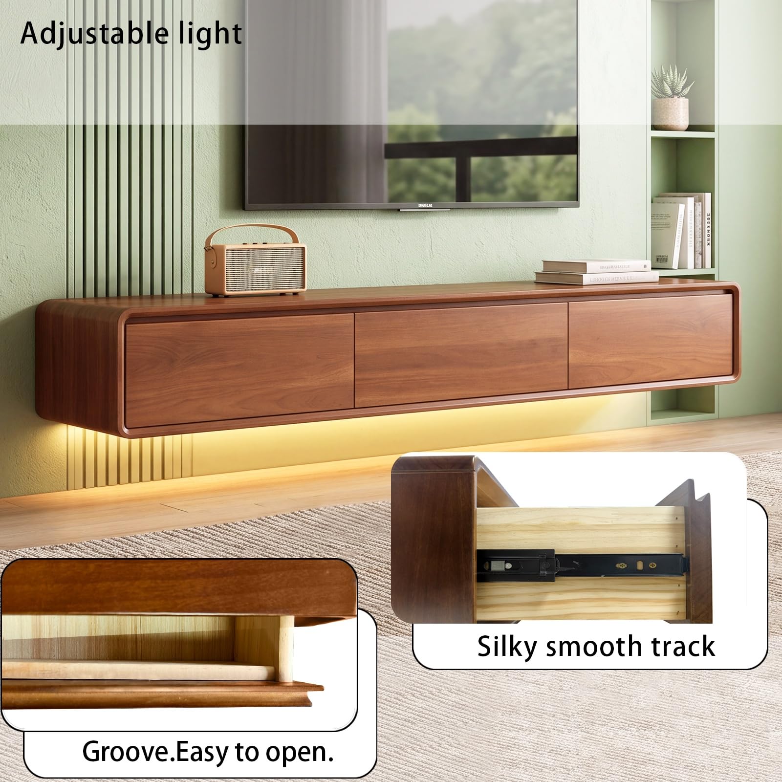 Mueble de TV de Madera Maciza,Mueble de TV Flotante, Mueble Bajo de Pared para TV, Adecuado para el Salón y el Dormitorio,Nogal 200CM-LED