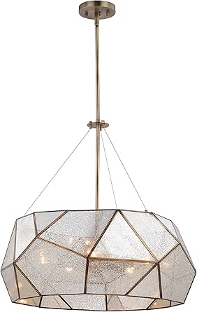 VAXCEL Euclid 5 Light Silver Mercury Glass Pendant Fixture, Aged Brass Finish, Dimmable Ceiling Mounted Lighting, Adjustable Height