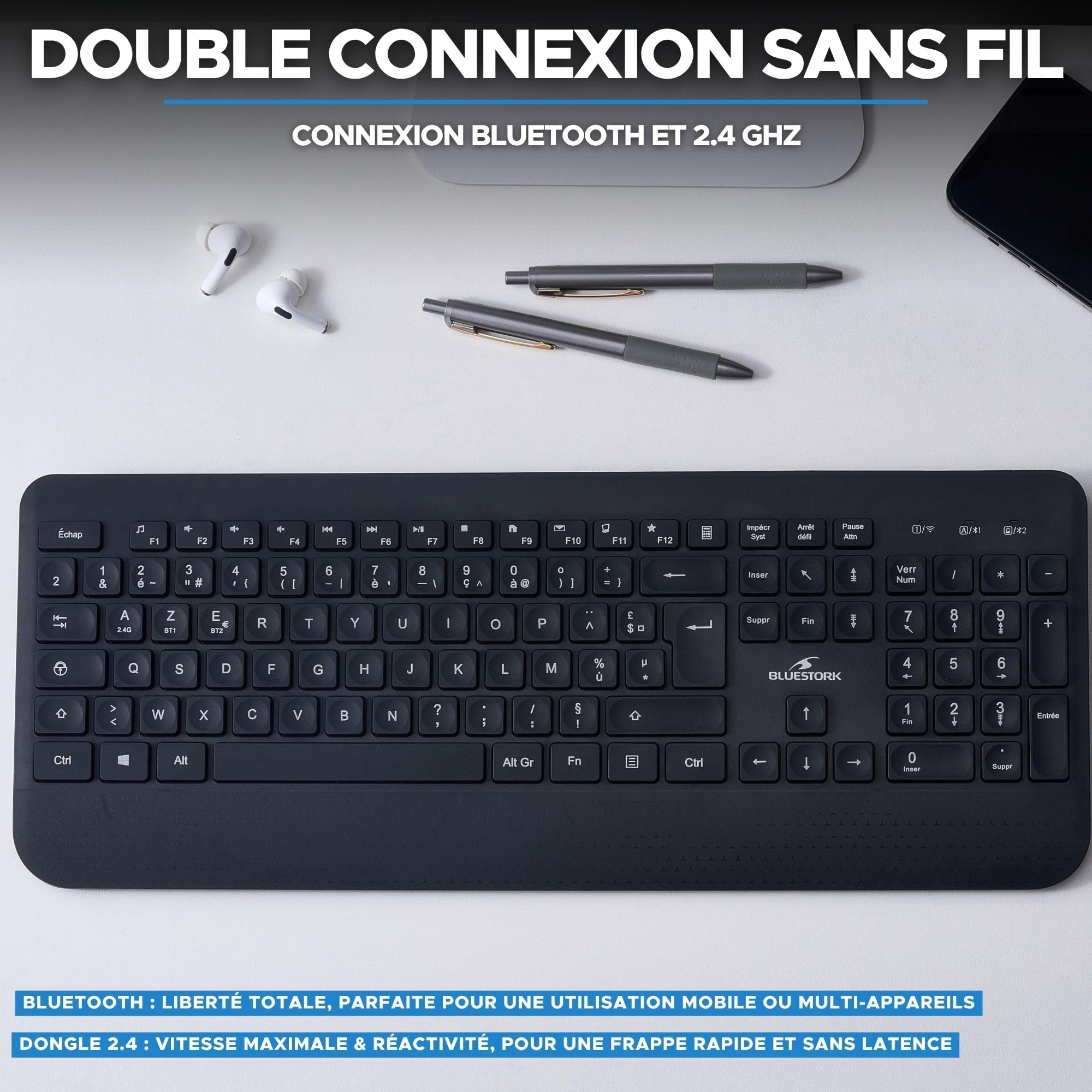 Bluestork KB Office R2 - Teclado inalámbrico, Dos Conexiones BT / 2,4 GHz, Teclado Bluetooth PC, Recargable USB-C, 70 h autonomía, silenciador - Windows/Tablets/Móviles - Disposición AZERTY Francesa