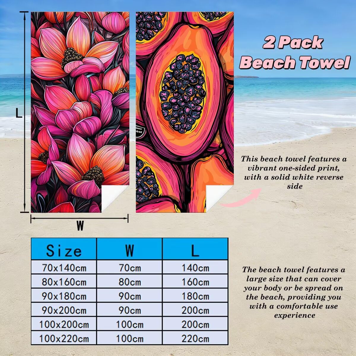 Toalla Playa 100x200 cm, Toalla Gimnasio Microfibra Secado Rapido, Juego de 2 Antiarena Toallas de Playa, Ligera Compacta Toallas Microfibra Grande para Viaje, Regalo Hombre Mujer (Papaya) -5021