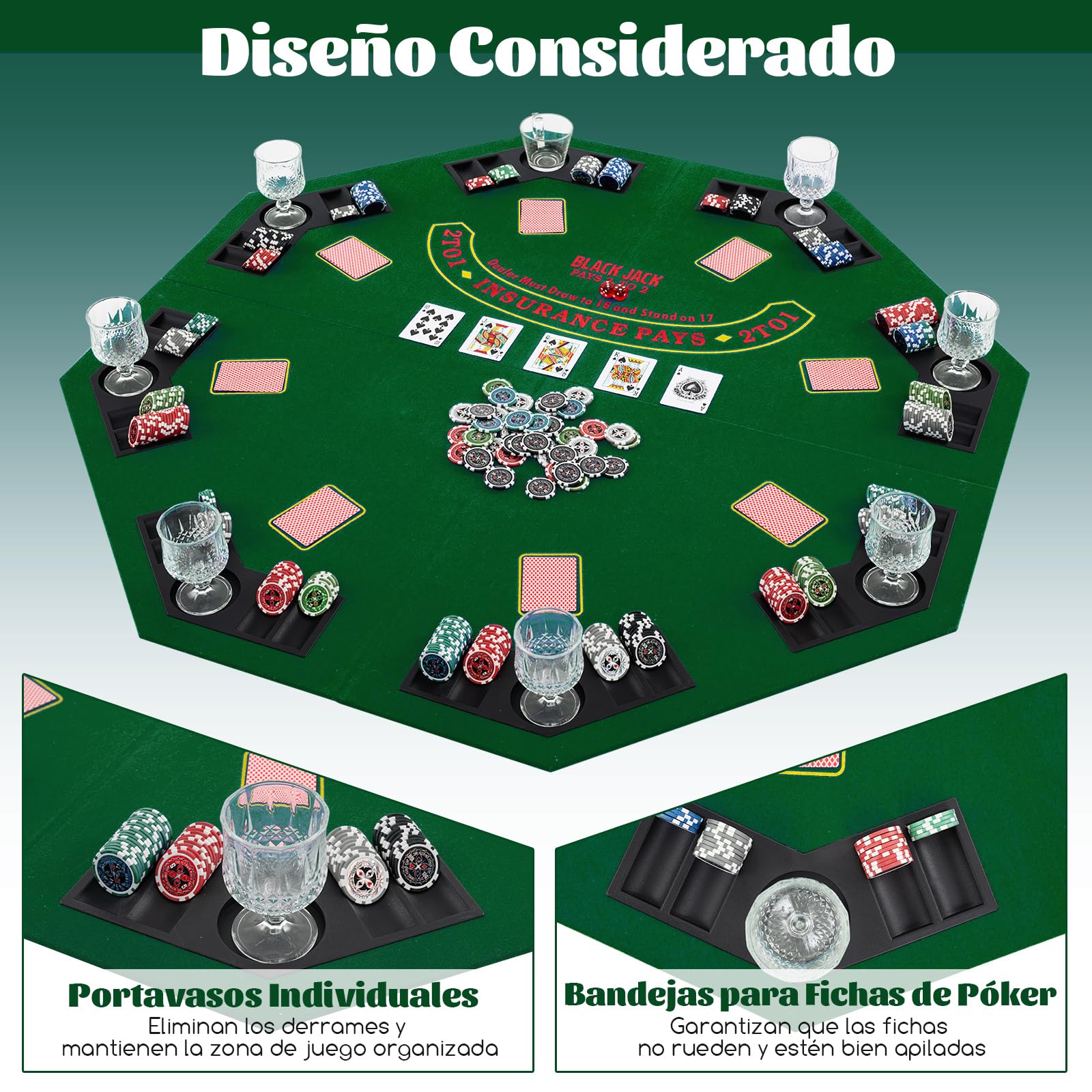 COSTWAY Mesa de Póker Plegable para 8 Jugadores, Tablero Portátil con Bolsa de Transporte, Bandejas para Fichas, Tapete de Póker con Alfombrilla Antideslizante para Juegos de Casino y Familia