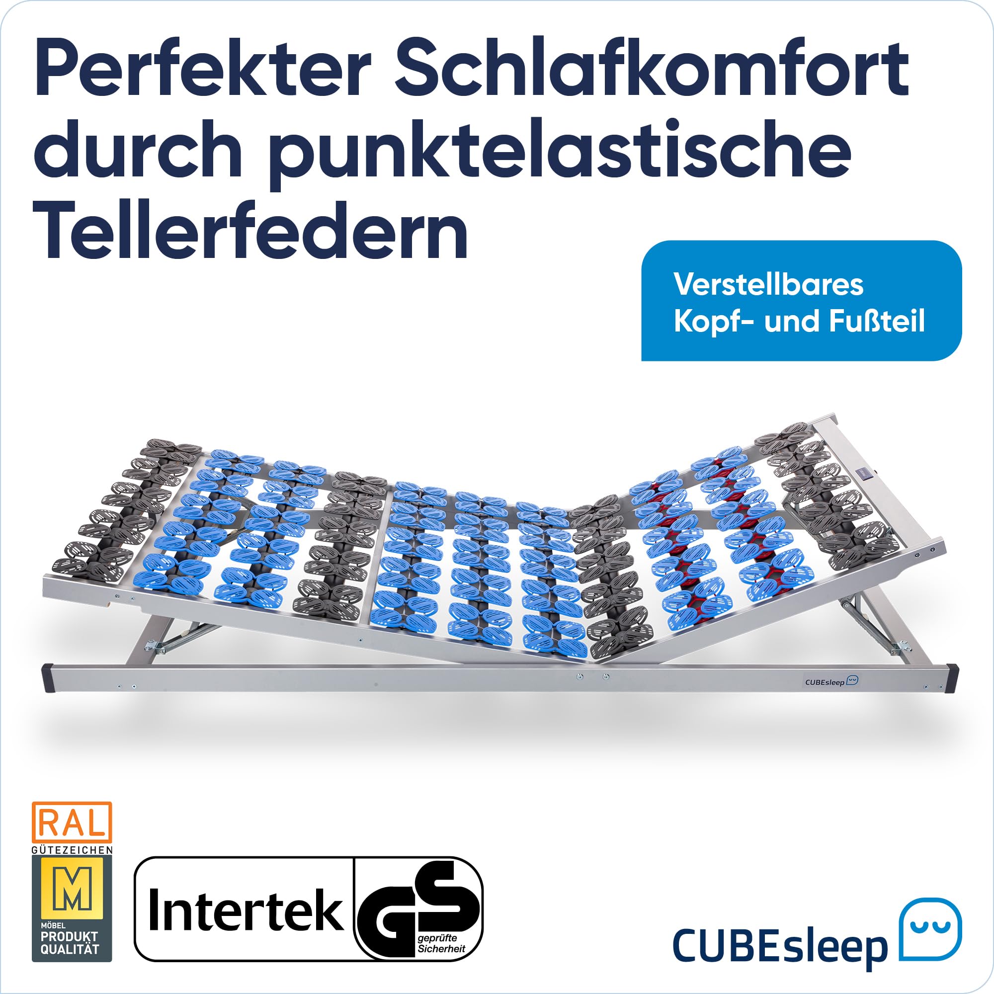 CubeSleep 7-Zonen Lattenrost Cloud KF Tellerrahmen 90x200cm | Kopf- und Fußteil verstellbar | Made In Germany | GS Zertifiziert – geprüfte Sicherheit