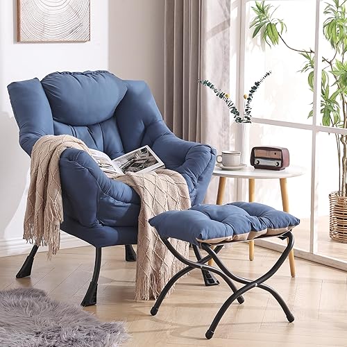 Miniatura 8 de Welnow - Silla perezosa con otomana, moderna silla de descanso con reposabrazos y bolsillo lateral, sillón de sofá tapizado de ocio, sillón de Azul