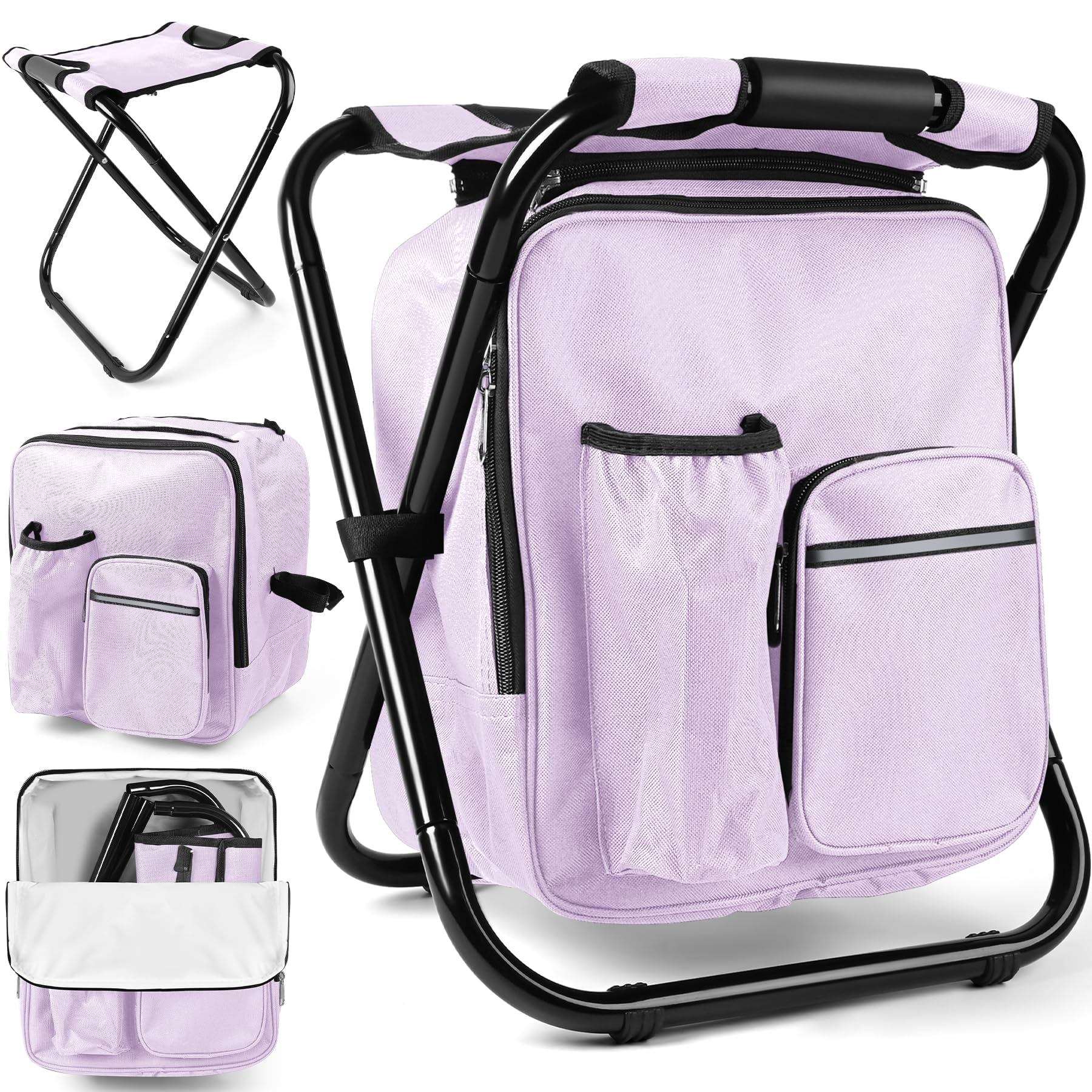 Kikerike Backpack Stool Cooler Chair Heavy Duty 200 LBS Max Load Portable Lightweight Stool Backpack Folding Fishing Cooler Seat for Camping Hunting Fishing - Pale Amethyst