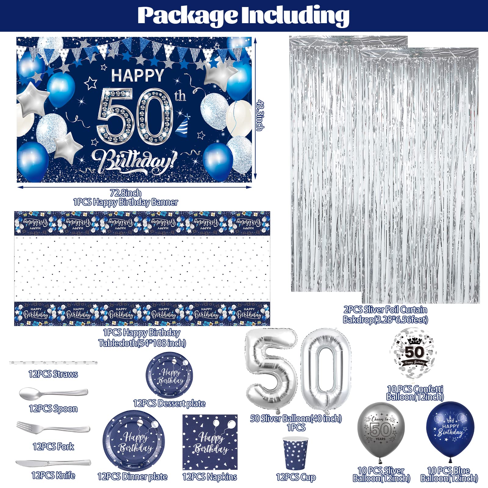 50th Birthday Decorations for Men, 131Pcs Navy Blue Silver 50th Birthday Party Supplies Includes Blue Happy 50th Birthday Banner Balloons Napkins Cups Tablecloth Foil Backdrops for 50th Birthday Decor