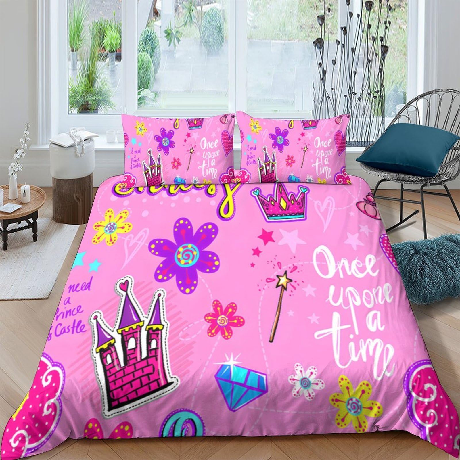 Ctjqhvkz Style-10 3D Printed Princess Castle Fitted Sheet Microfiber Pink Fairy Tale Bed Cover For Bedroom Dorm Anti-Slip Protection Decor Single（135X200cm）