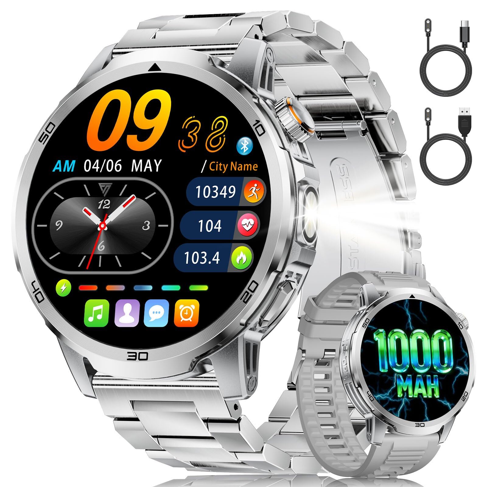 Smartwatch Uomo, 1,85 Pollici HD Display con Chiamate Bluetooth/1000 mAh/Torcia, Frequenza Cardiaca/Sonno, 110+ Modalità Sportive, Orologio Smartwatch Compatibile con Android e iOS, Argento