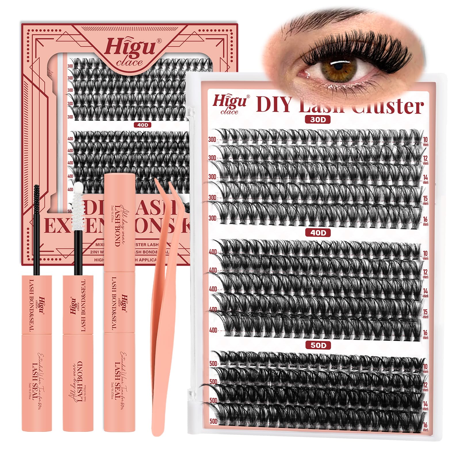Cluster-Lashes Kit 30D+40D+50D, Higu clace Eyelashes Individual Mix 10-16mm