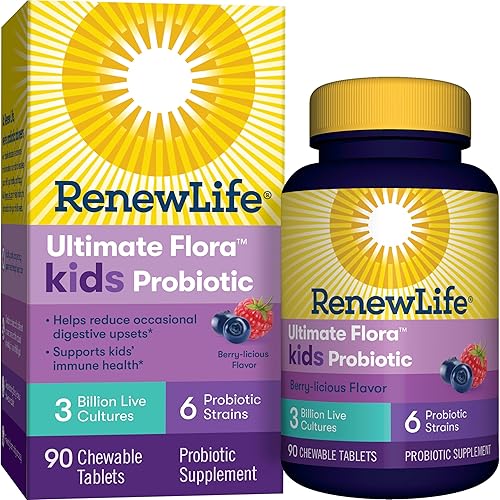 Renew life Probióticos diarios masticables para niños 3 mil millones de CFU sabor a bayas apoyo digestivo e inmunológico sin gluten lácteos y soja