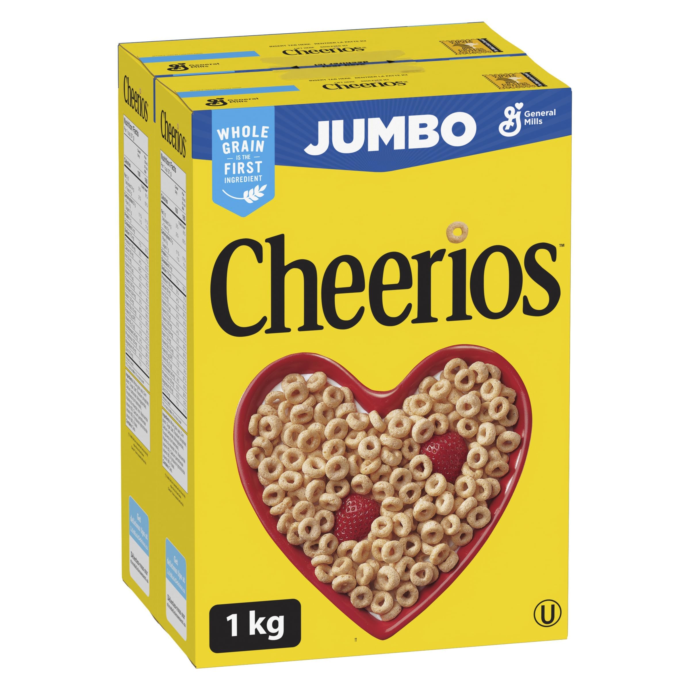 CHEERIOS - JUMBO SIZE PACK Cereal Box Original Whole Grain is the First Ingredient No Artificial Colours No Artificial Flavours 1 Kilogram Package of Cereal