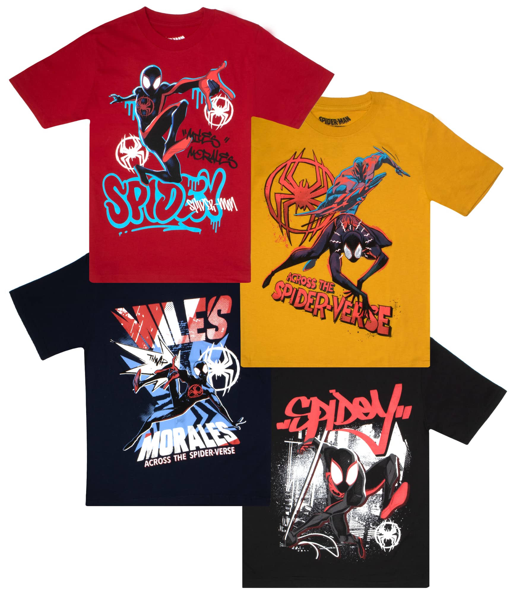 MarvelSpider-Man Spiderverse Avengers Short Sleeve Tee 4-Pack, Miles Morales Spider Gwen Boys 4 Pack T-Shirt Set