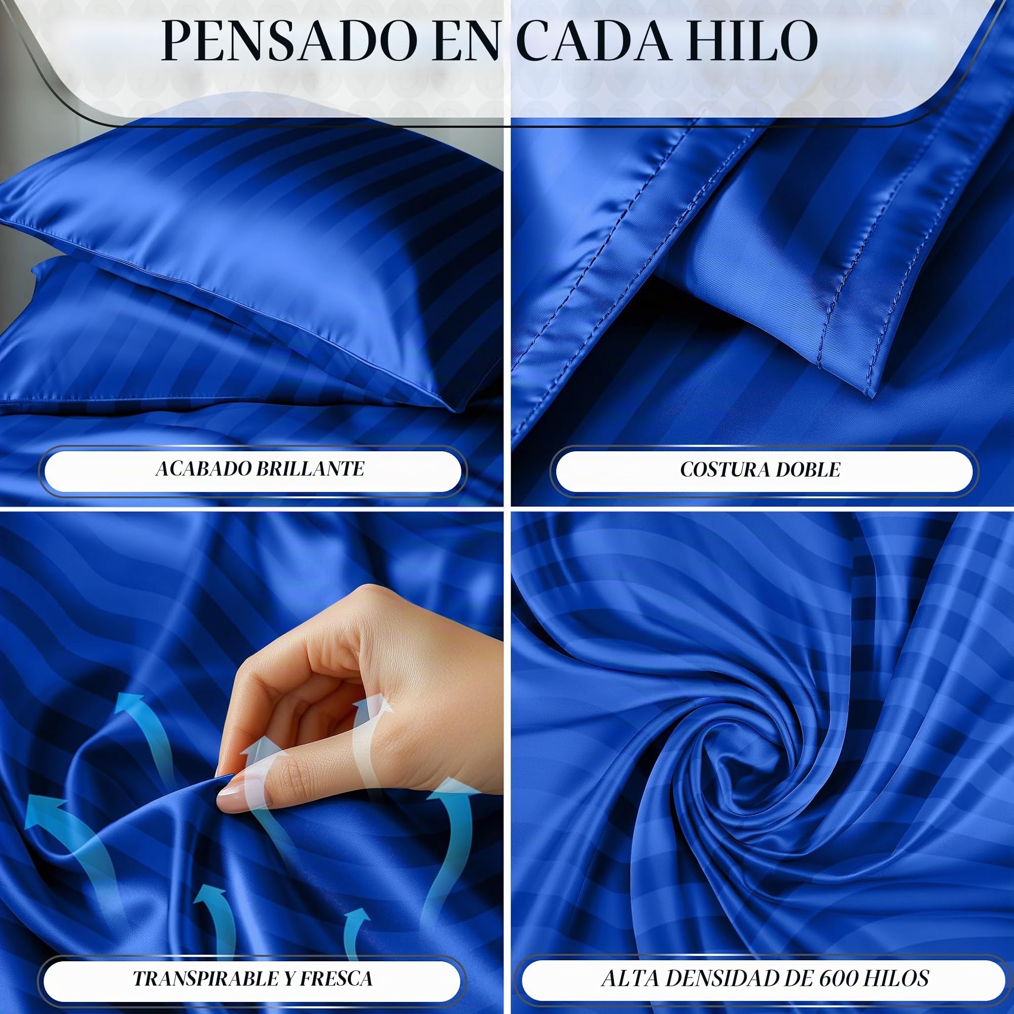 DECOLURE, Juego de ropa de cama sedosa de satén de lujo de 4 piezas, sin arrugas, con sábana bajera de 40 cm de profundidad, perfecto para cabello y piel, tamaño king, regalos para mujer, rayas azules