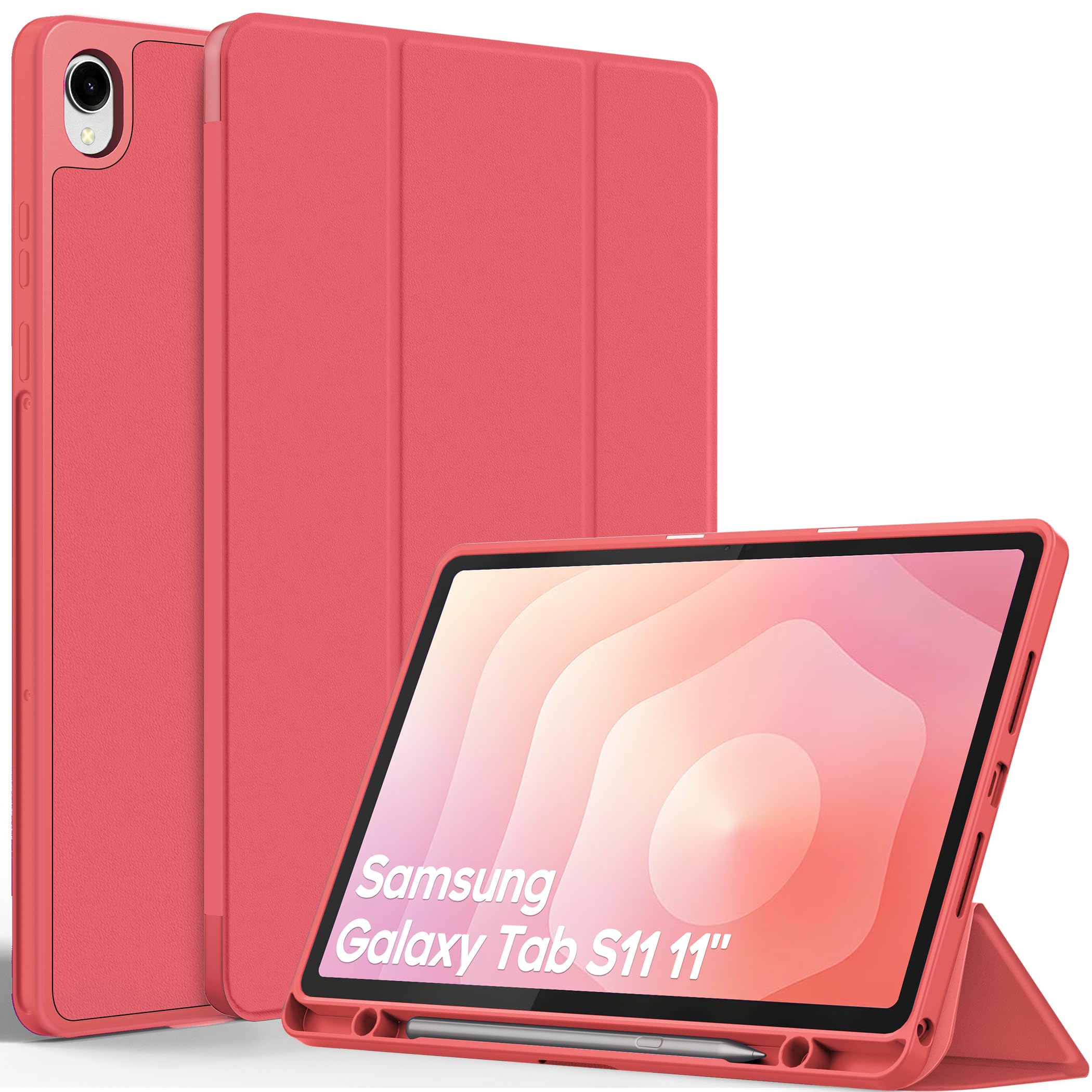 EasyAcc Hülle für Samsung Galaxy Tab S11 2025 11 Zoll SM-X730 / SM-X736 mit S Pen Halter, Dünn mit Standfunktion Slim PU Leder Schutzhülle, Wassermelonenrot