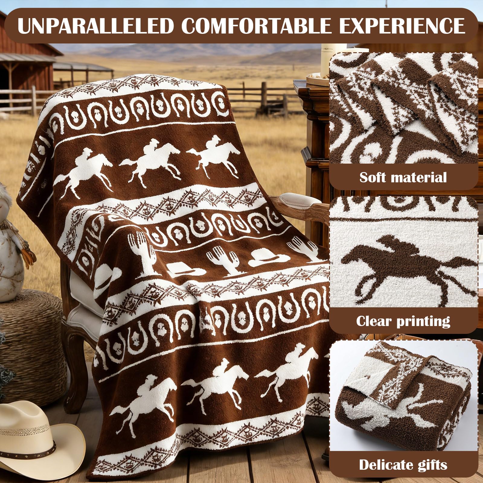 Buryeah Coperta reversibile in maglia rodeo occidentale 127 x 152 cm, stivali da cowboy con design di cactus, morbida e accogliente decorazione per caffè fattoria sud-occidentale regalo per divano