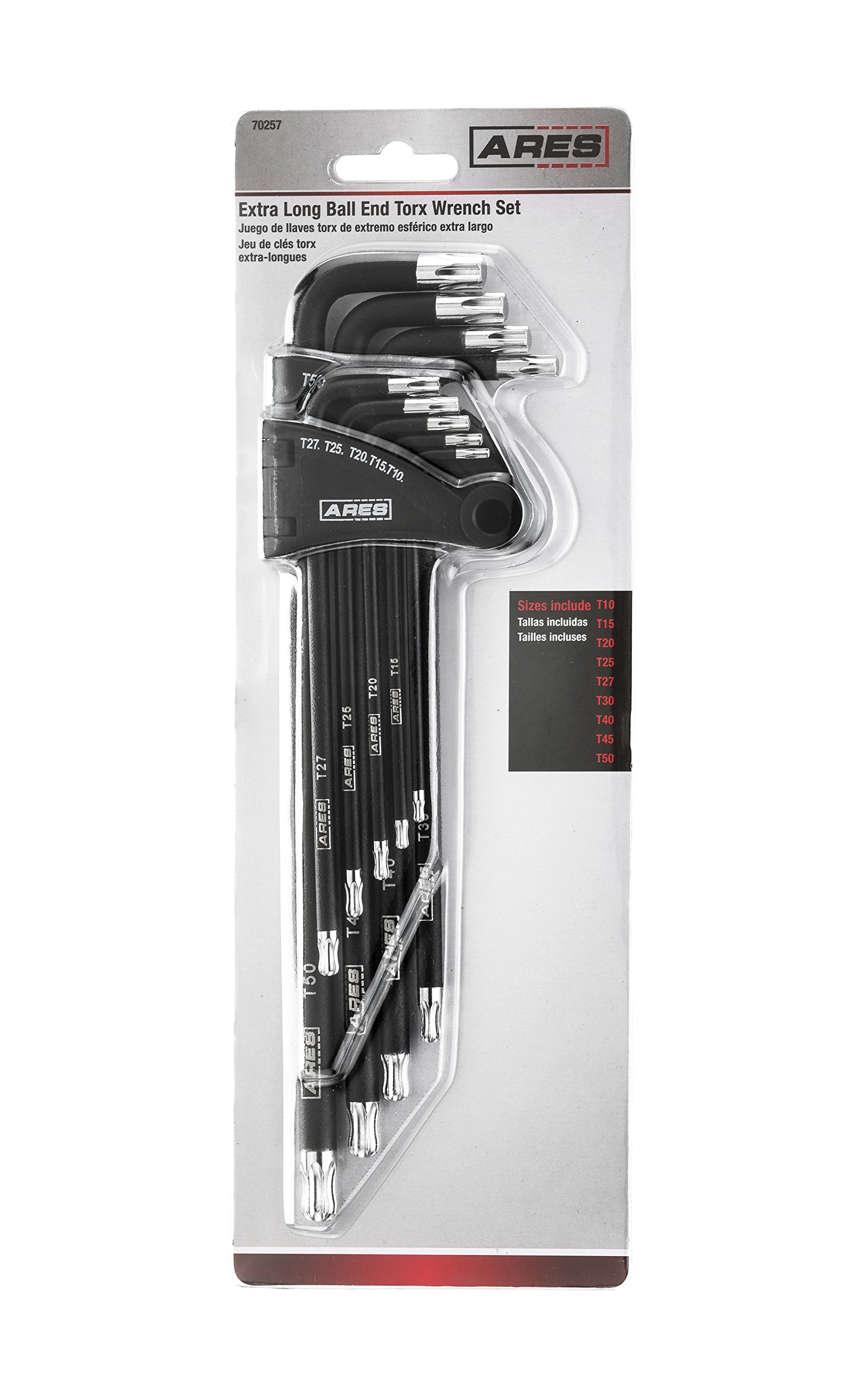 ARES 70257 - Juego de llaves Torx en L con punta de bola extra largas, 9 unidades con tamaños T10-T50, revestimiento negro texturizado antideslizante y acero S2, estuche incluido