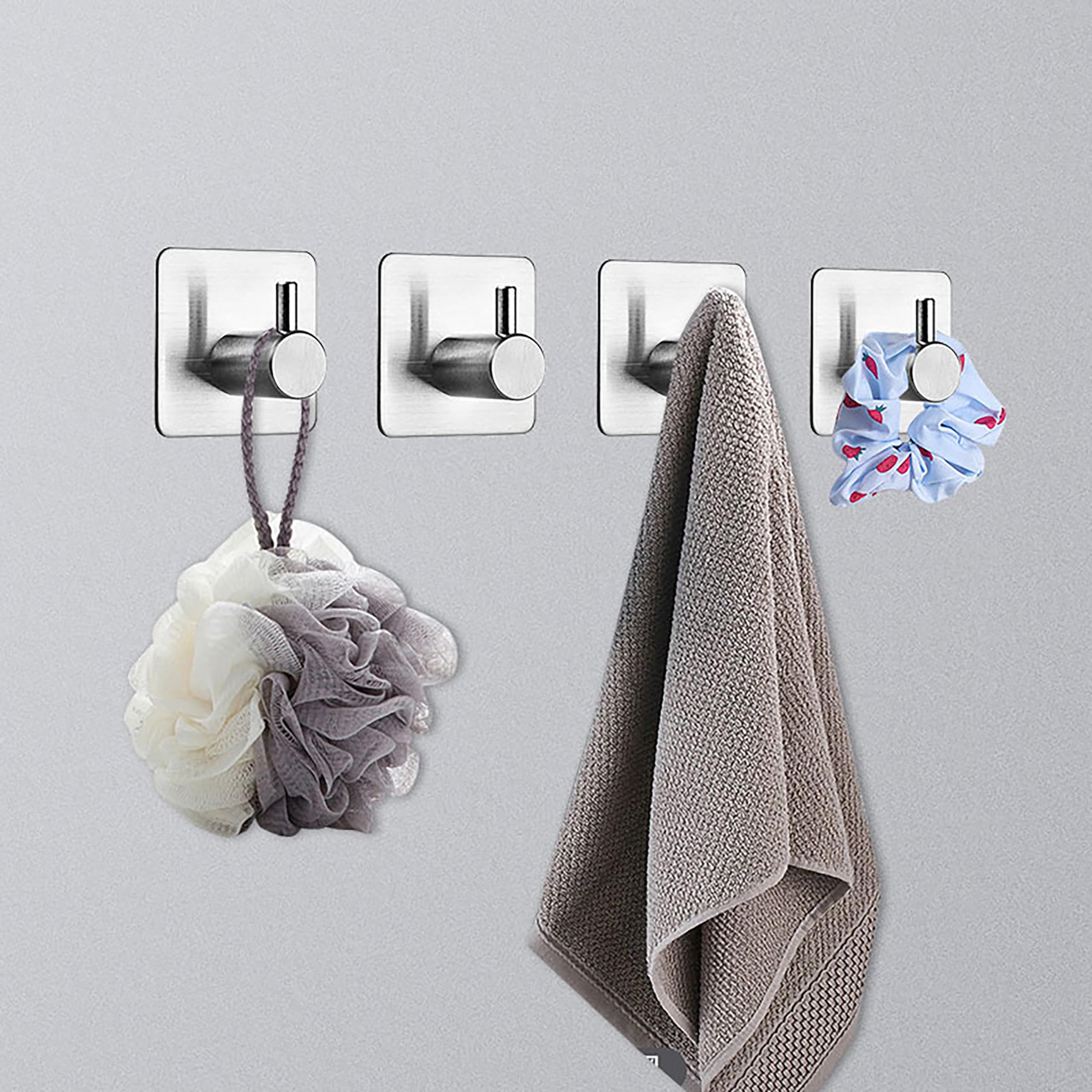Adhesive Hooks, Silver Self Adhesive Towel Hooks - Waterproof Shower Wall Stick on Hooks - Heavy Duty 304 Stainless Steel Bathroom Kitchen Sticky Hooks for Towel Robe Loofah Key Coat Bag (5-Pack)