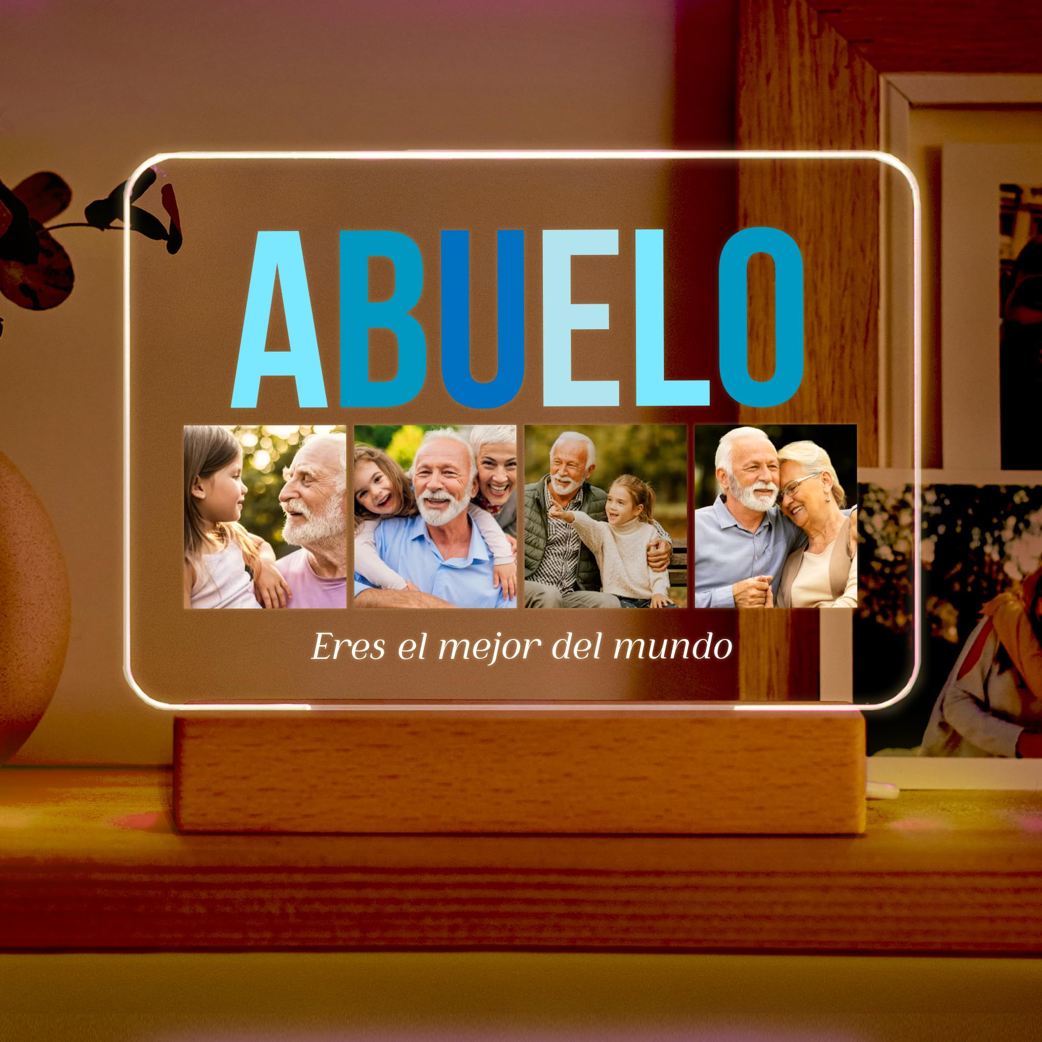 Transparent Gift Lámpara Personalizada Abuelo o Abuela con 4 Fotos y Texto. Regalos Originales para Cumpleaños, Navidad. Regalos Personalizados para Abuelos. Placa de Metacrilato con Base de Madera