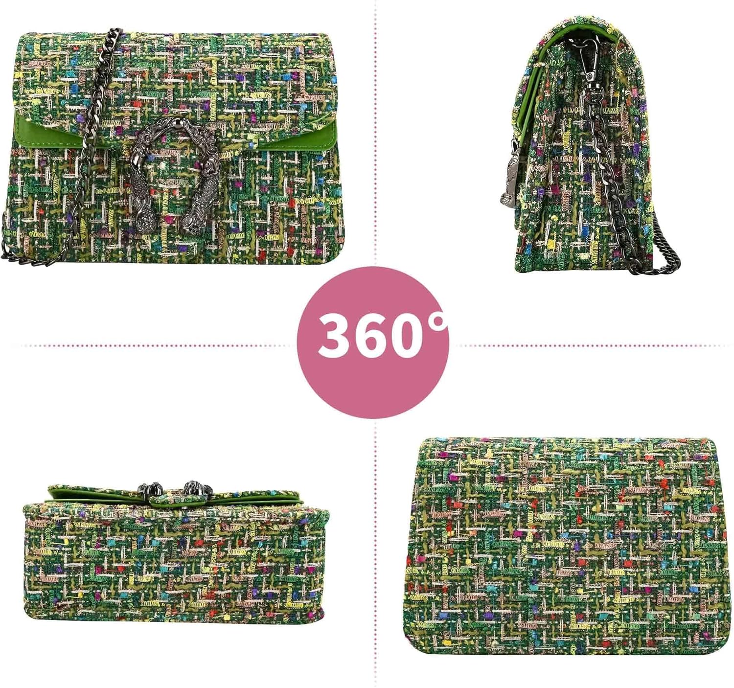 Women's Tweed Purses and Handbag PU Leather Woolen Chain Satchel Shoulder Bags Totes Crossbody Underarm Bag Clutch | Tweed, PU Leather, Woolen, Chain, Underarm Bag - Image 5